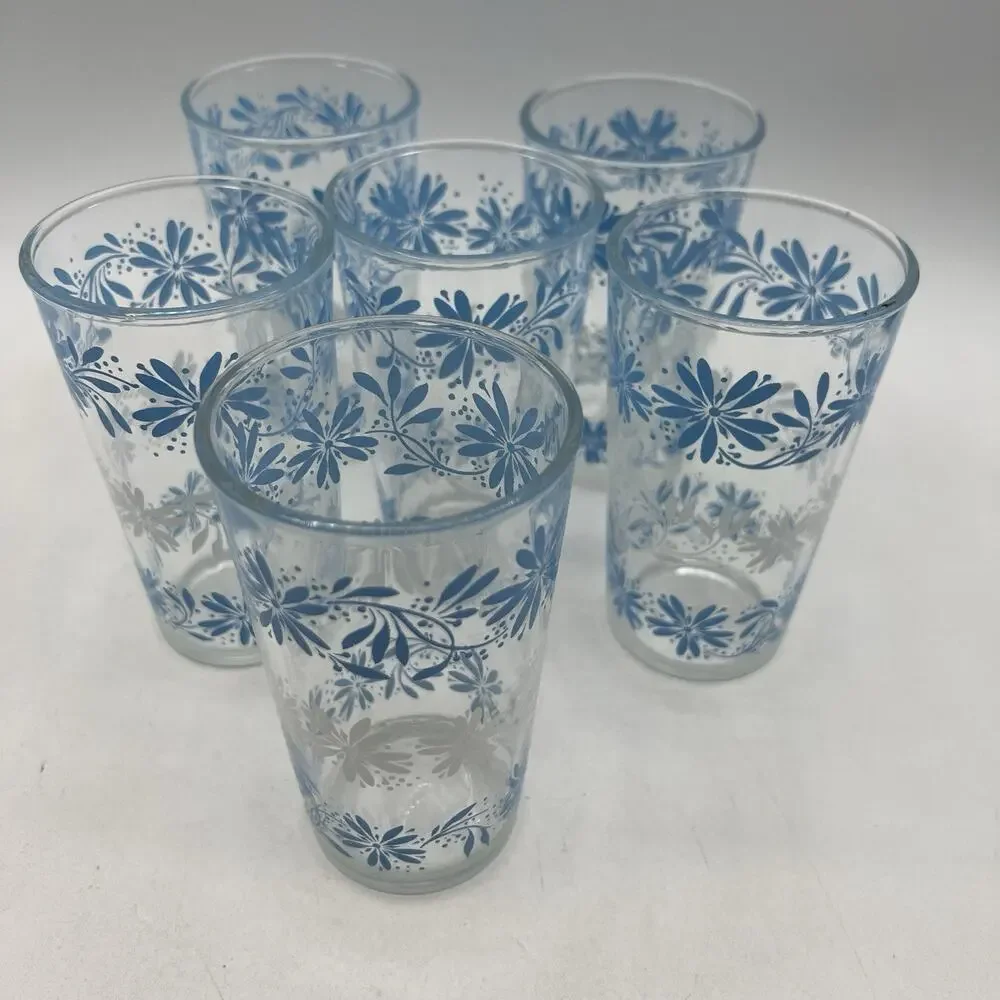 Set 6 Hazel Atlas Drinking Juice Glasses 1960s Blue White Daisies Flowers 4.5